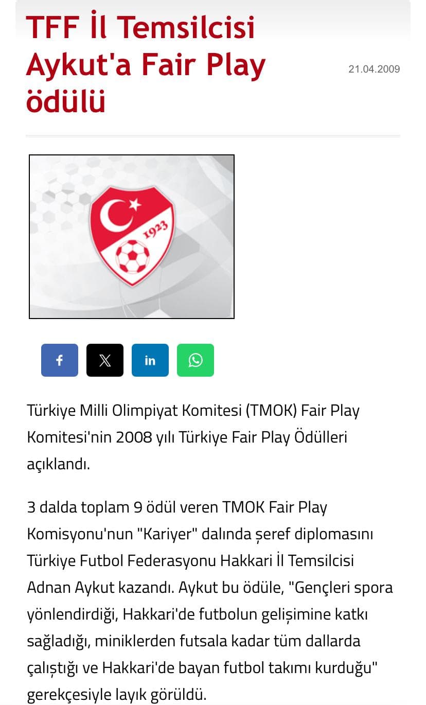 TFF İl Temsilcisi Adnan Aykut'a Fair Play ödülü haberi