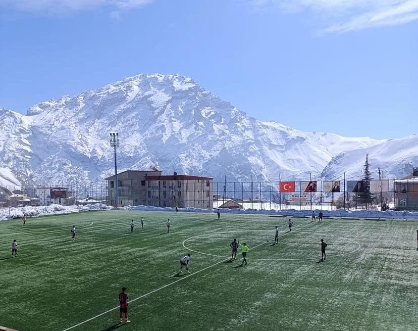 Karlı dağlar önünde futbol sahası