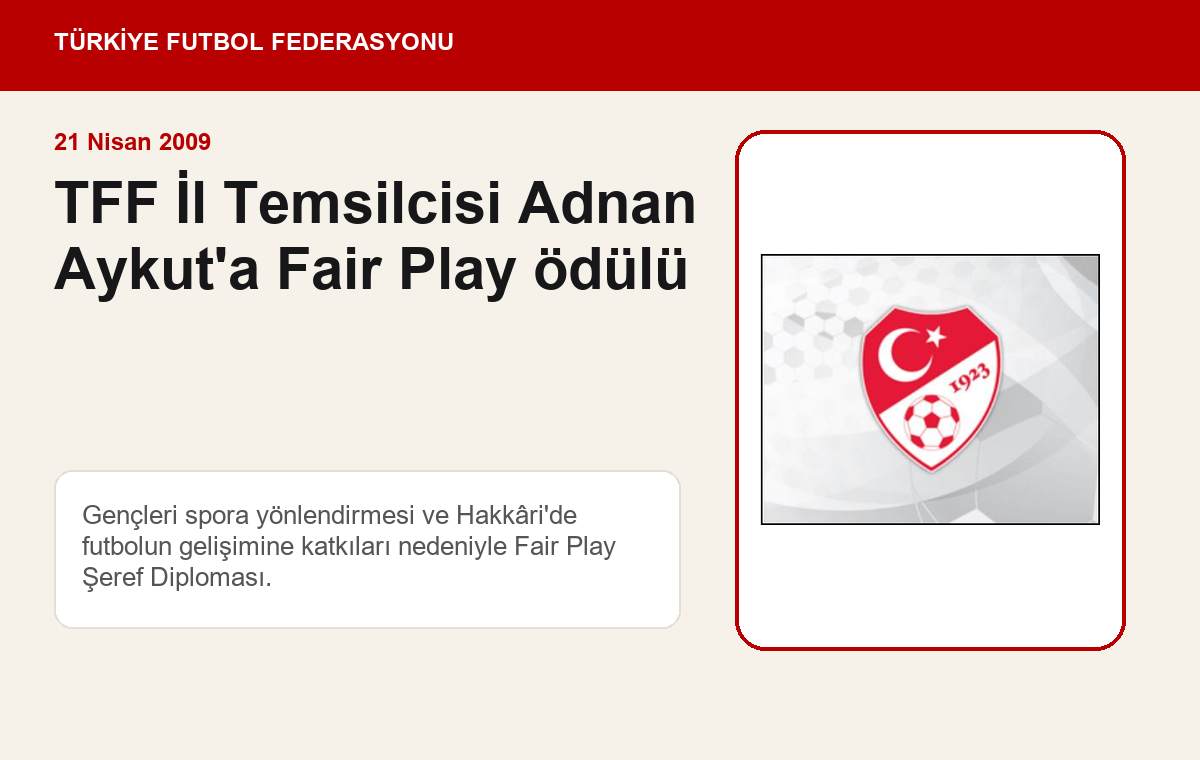 TFF İl Temsilcisi Adnan Aykut'a Fair Play ödülü haberi